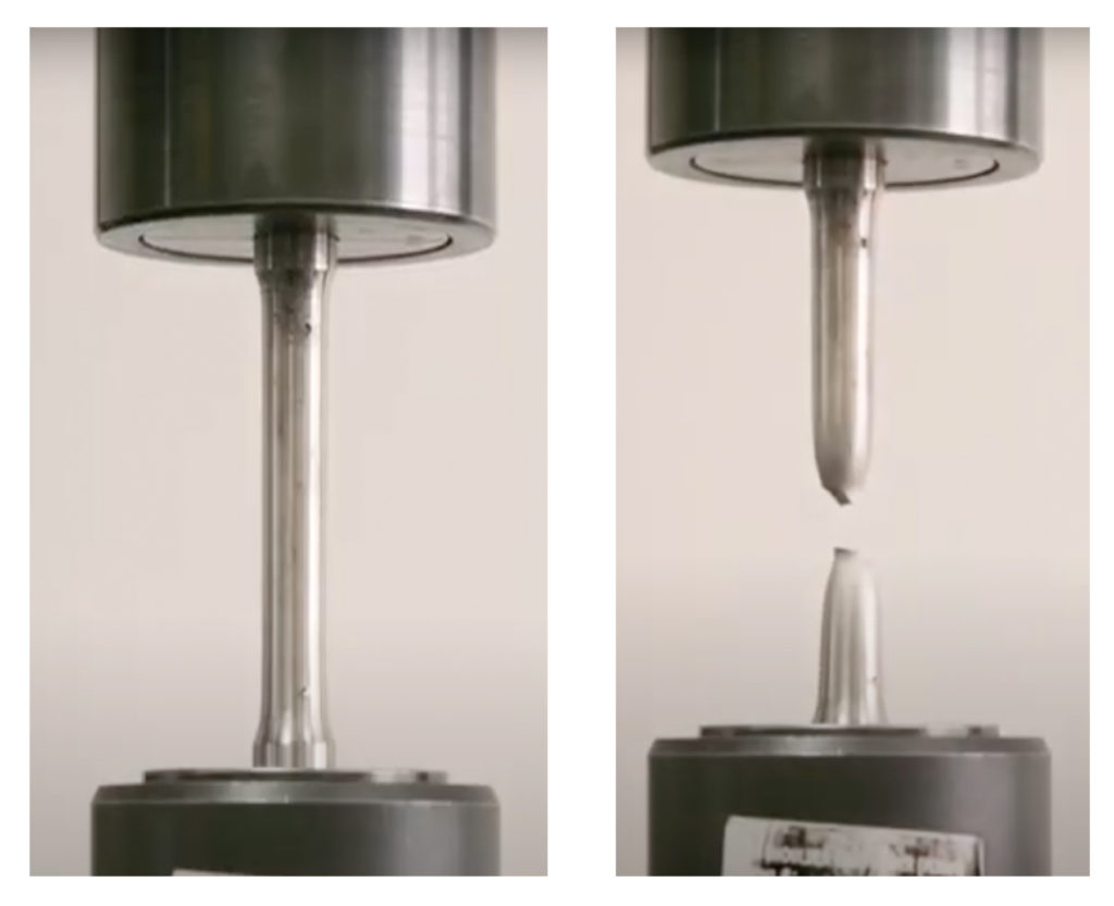 Side-by-side shots of a weld specimen intact, then broken from tensile testing